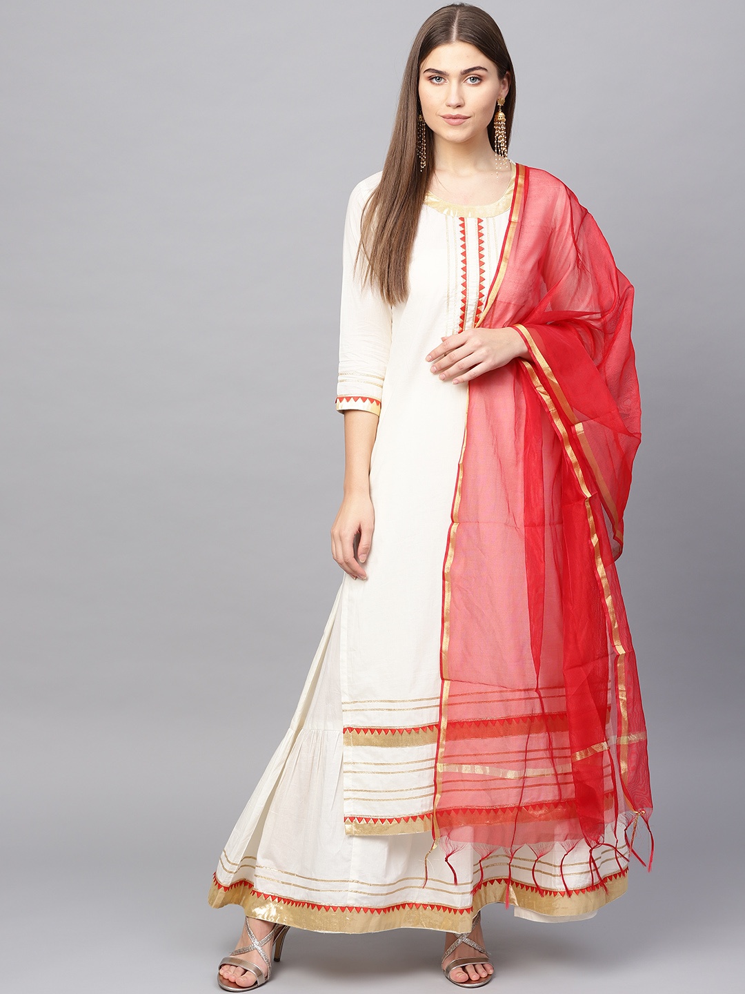 Tulsattva Women Off-White & Red Solid Kurta with Skirt & Dupatta
