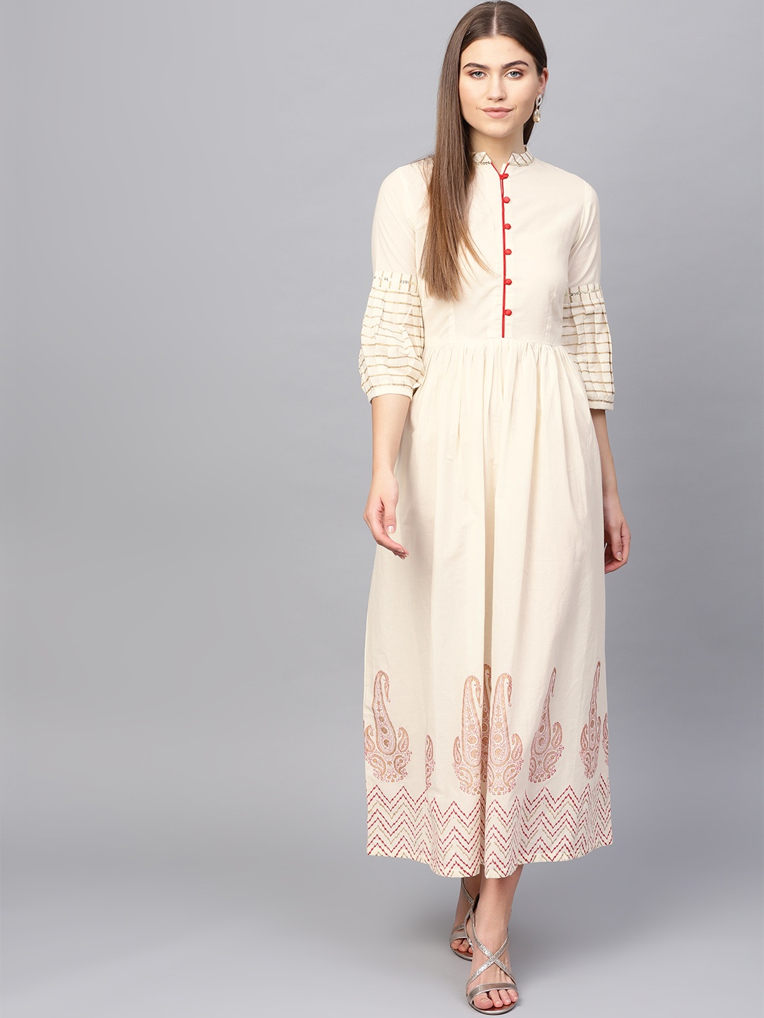 

Tulsattva Women Cream-Coloured Printed Detail Maxi Dress
