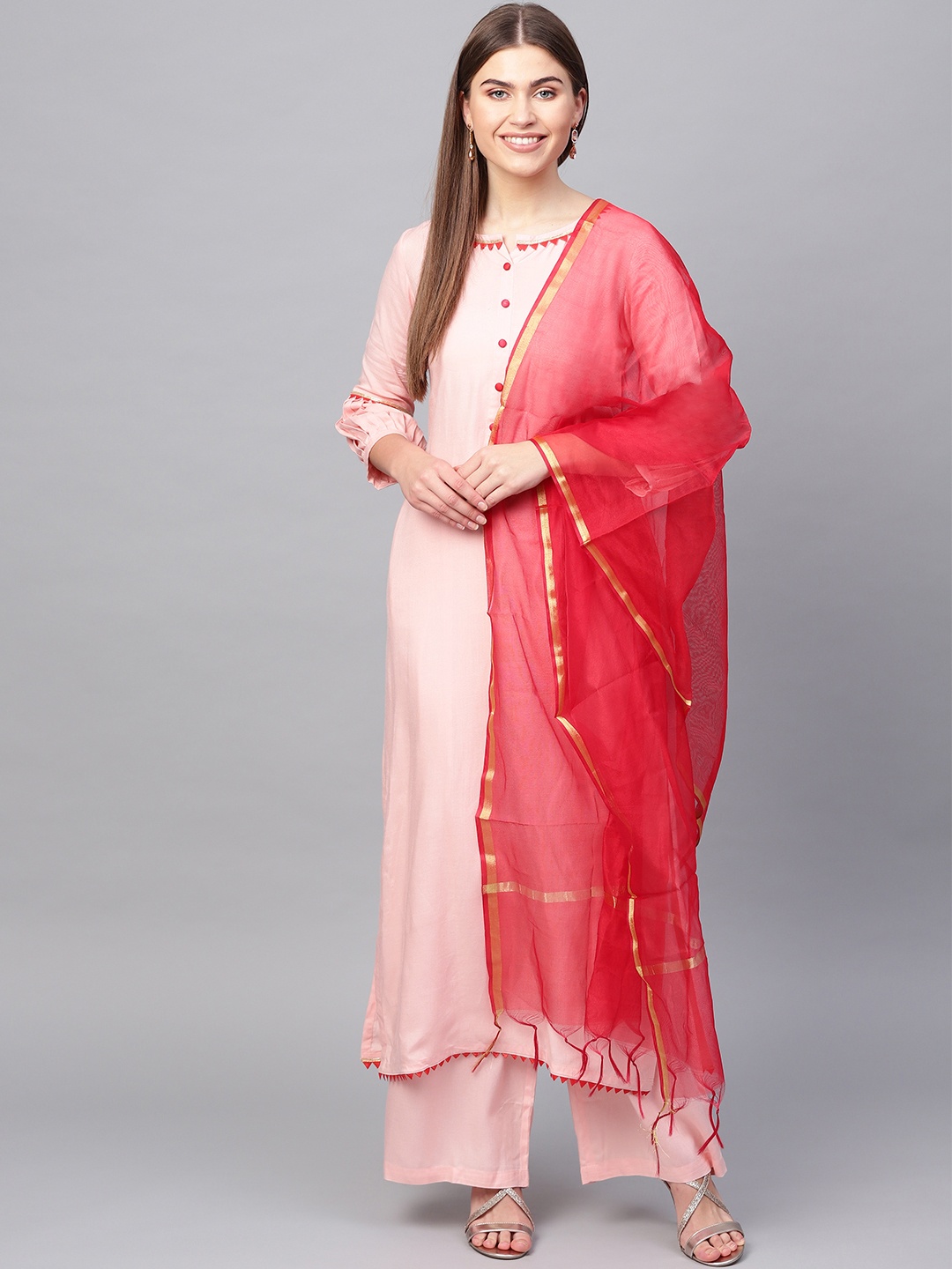 

Tulsattva Women Pink & Red Solid Kurta with Palazzos & Dupatta