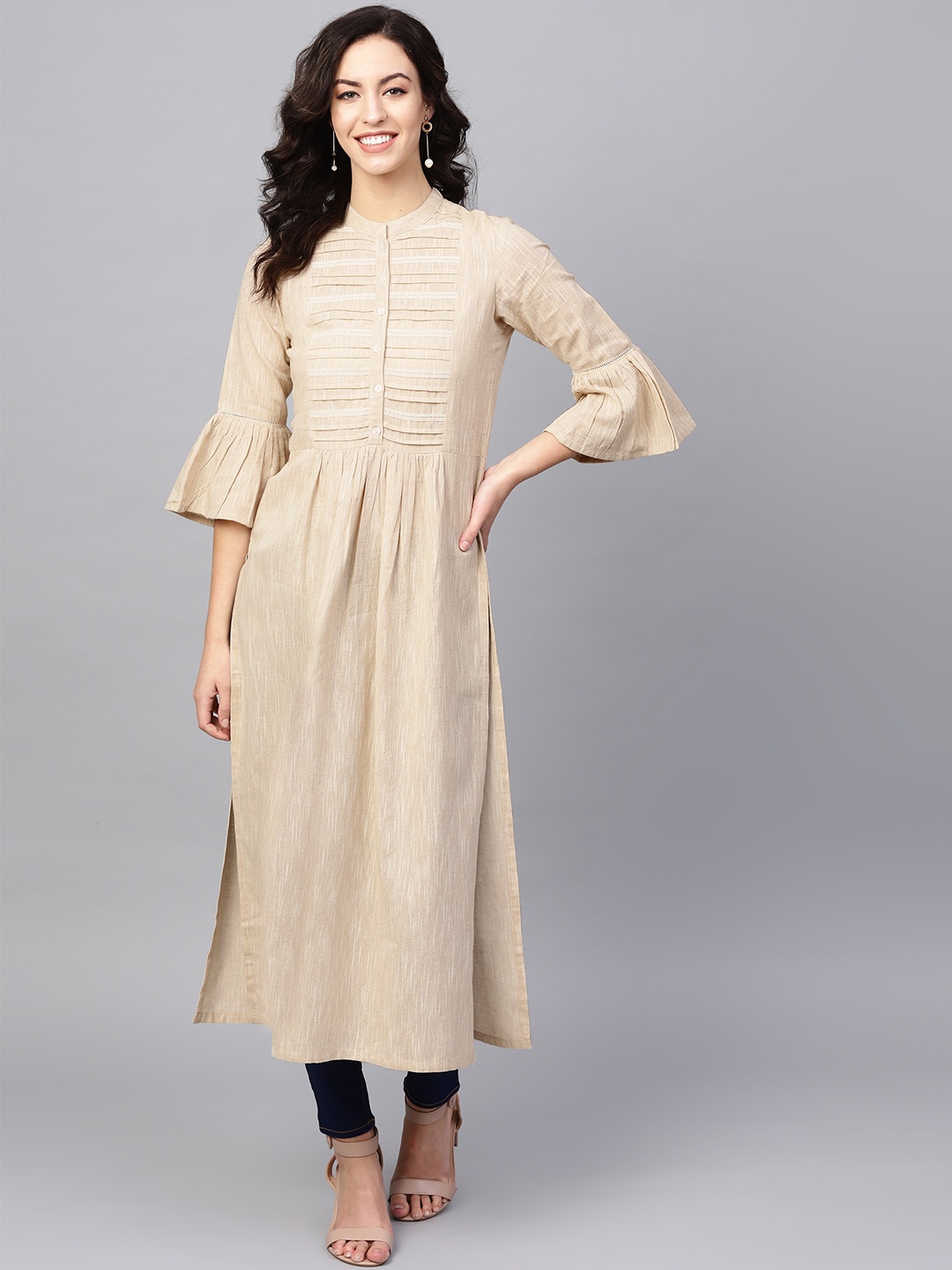 

Tulsattva Women Beige Woven-Design Handloom Straight Kurta