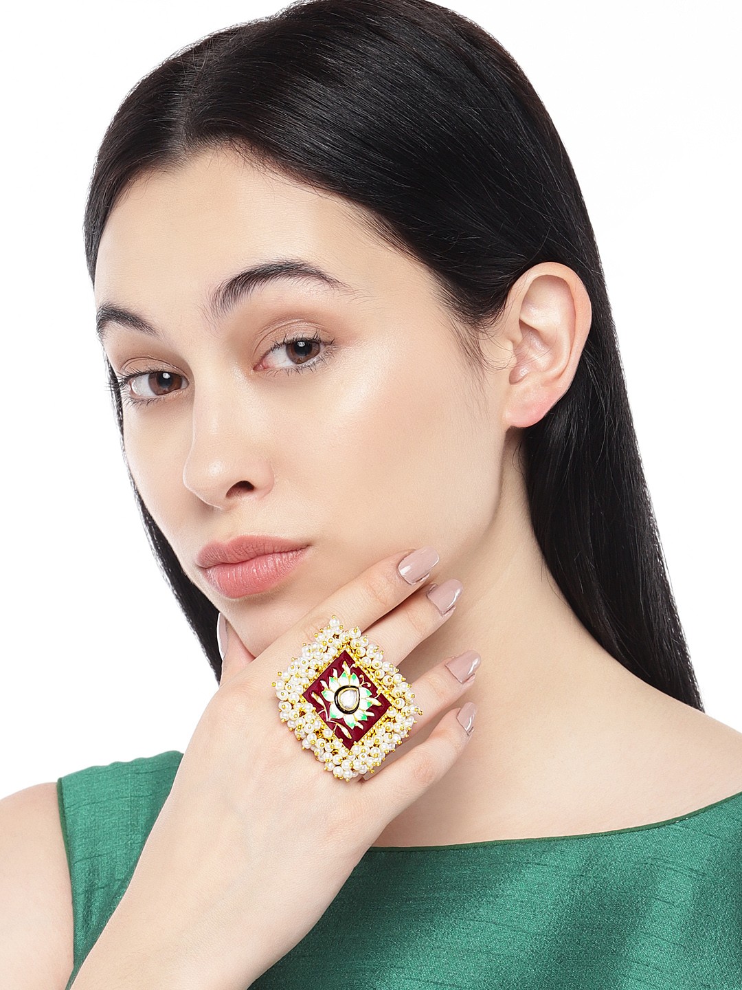 

Peora Women Gold-Plated Red & Green Enamel Meenakari Pearl Beads Finger Ring