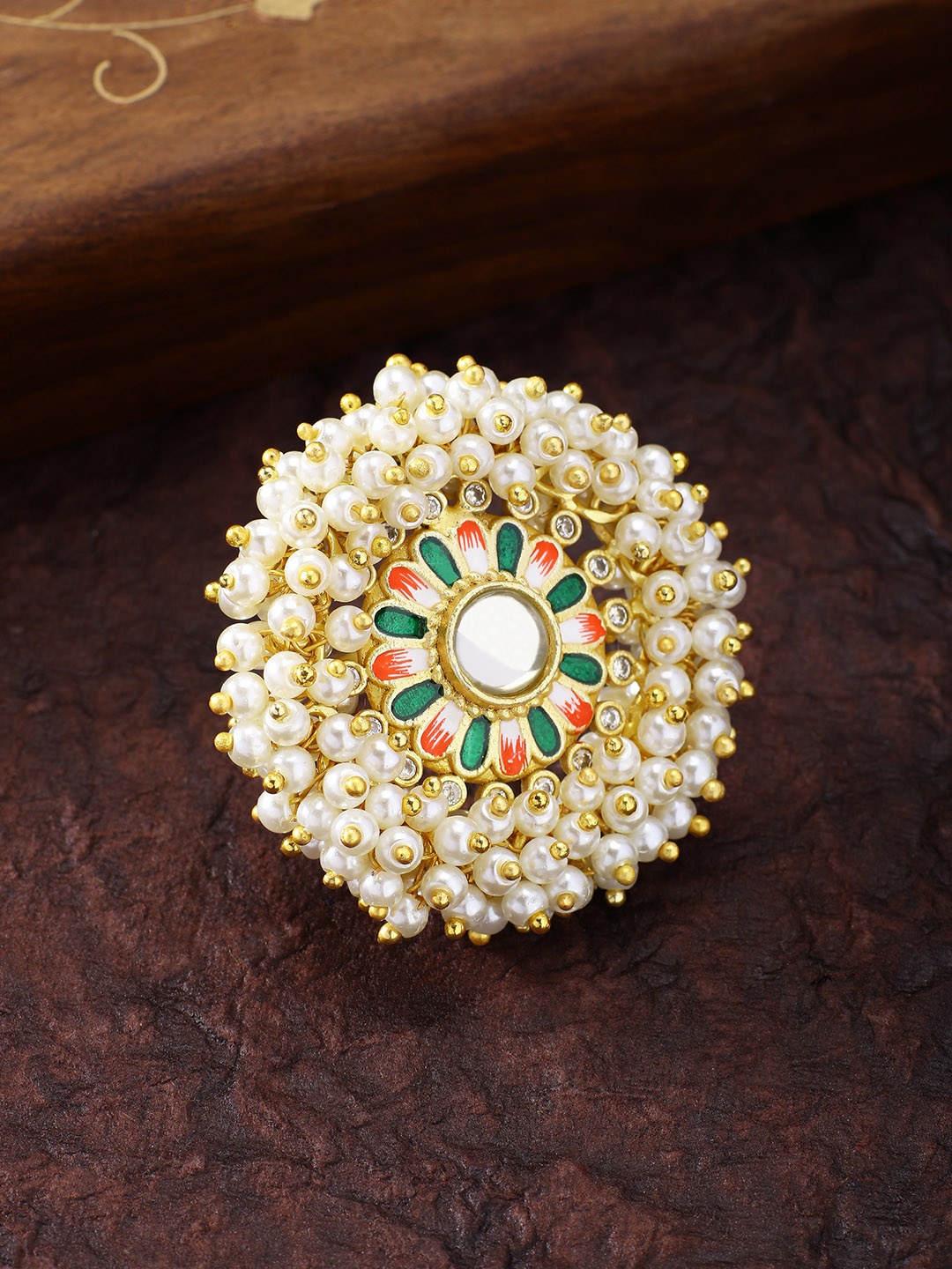 

Peora Women Gold-Plated White & Green Enamel Meenakari Pearl Beads Finger Ring