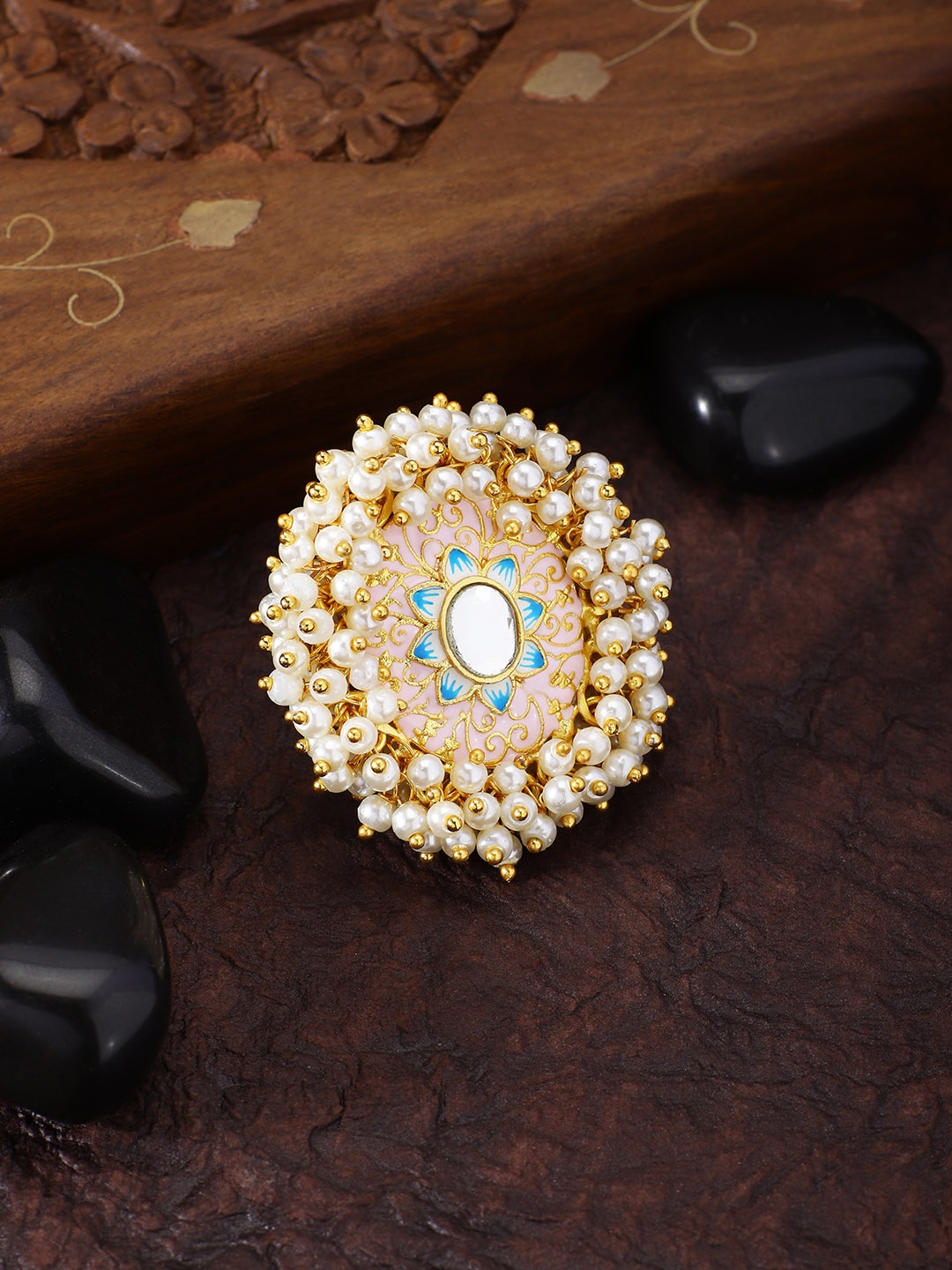 

Peora Women Gold-Plated Pink & Blue Enamel Meenakari Pearl Beads Finger Ring