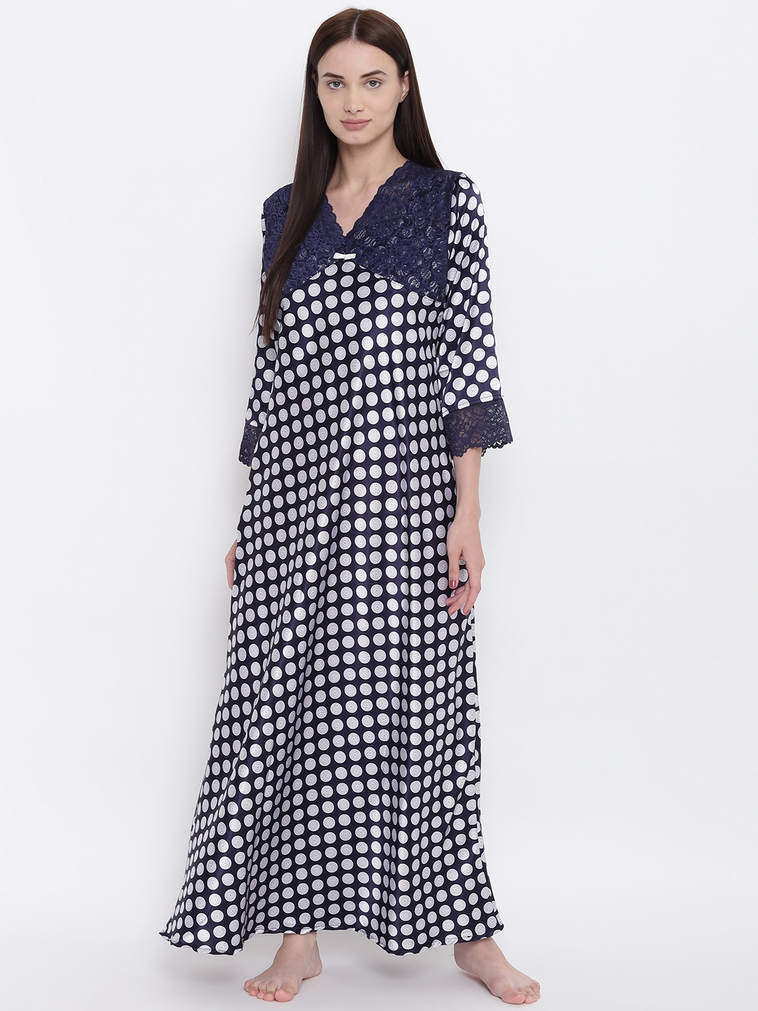 

Sweet Dreams Navy Blue & White Polka Printed Nightdress With Lace Inserts