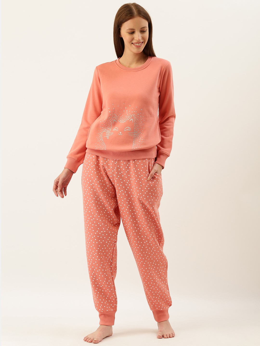 

Sweet Dreams Women Peach-coloured & White Printed Night Suit