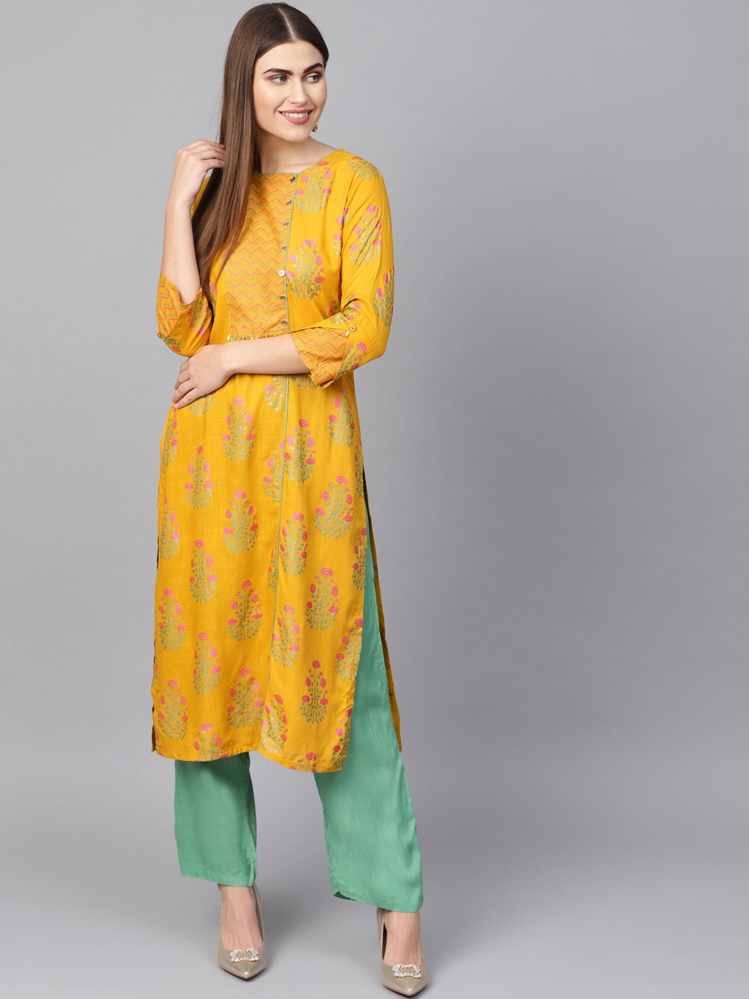 

Yuris Women Yellow & Green Printed Kurta with Palazzos