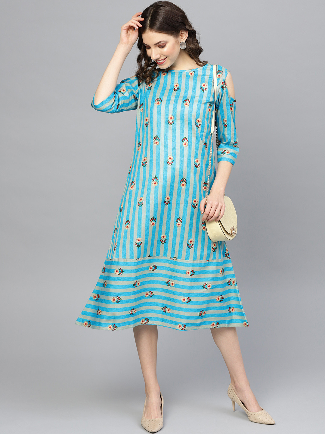 

Yuris Women Blue & Grey Striped Cold-Shoulder A-Line Dress