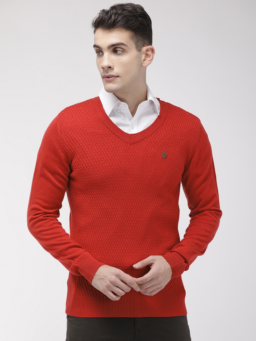 

Raymond Men Red Self Design Pullover Sweater