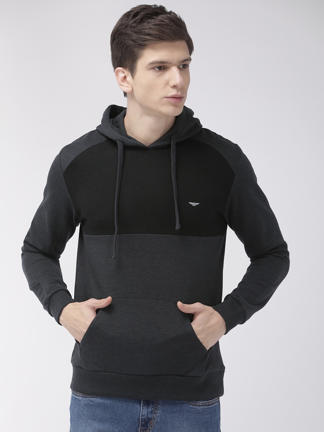 

Park Avenue Men Black & Charcoal Grey Colourblocked Hooded Sweatshirt