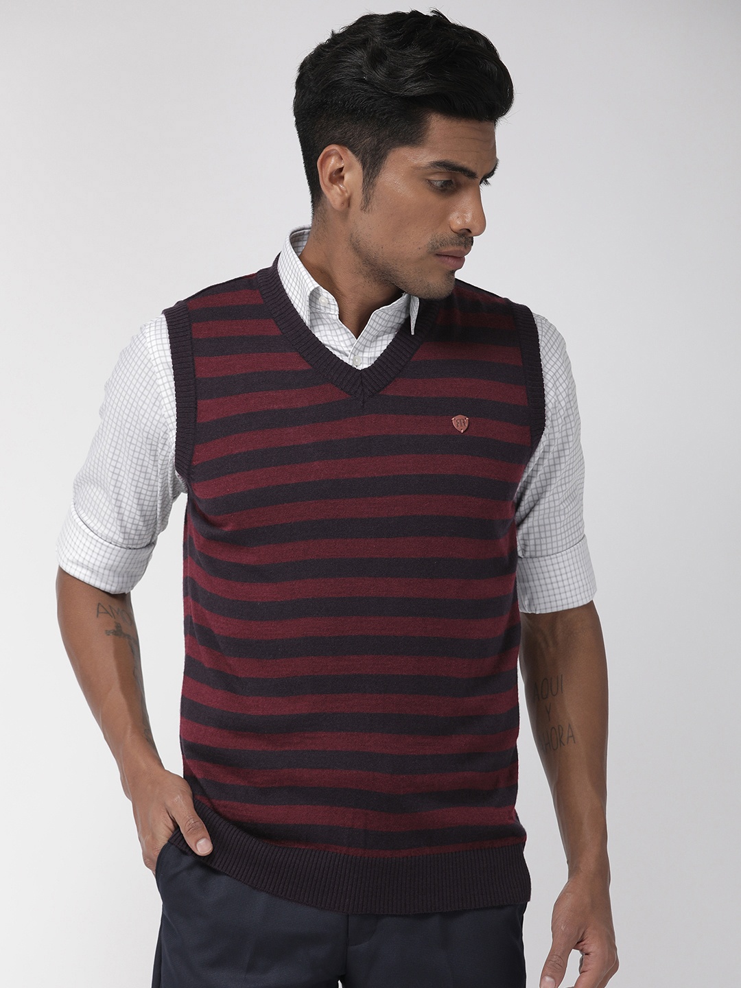 

Raymond Men Navy Blue & Marron Striped Pullover Sweater