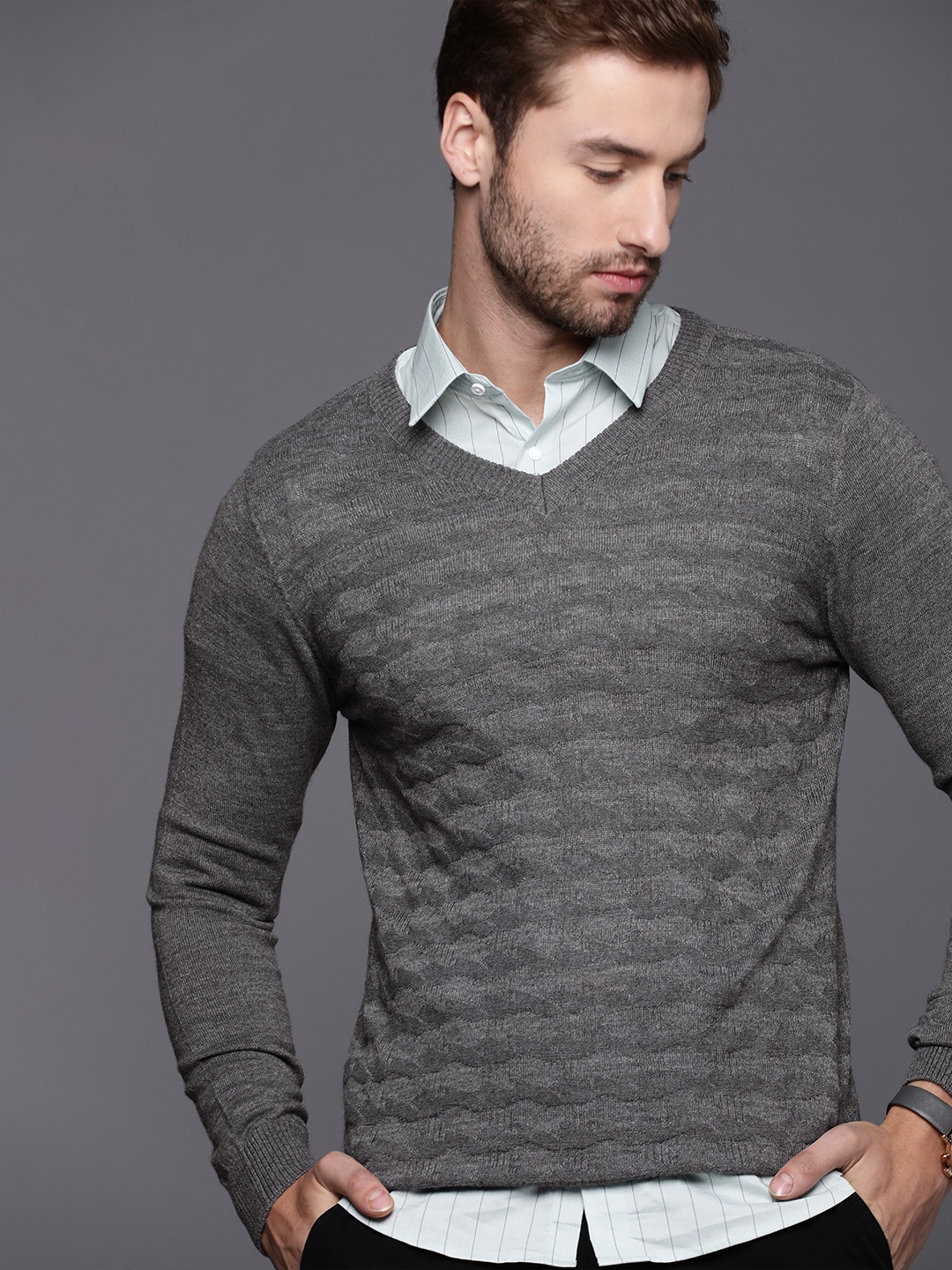 

Raymond Men Grey Self Design Pullover Sweater