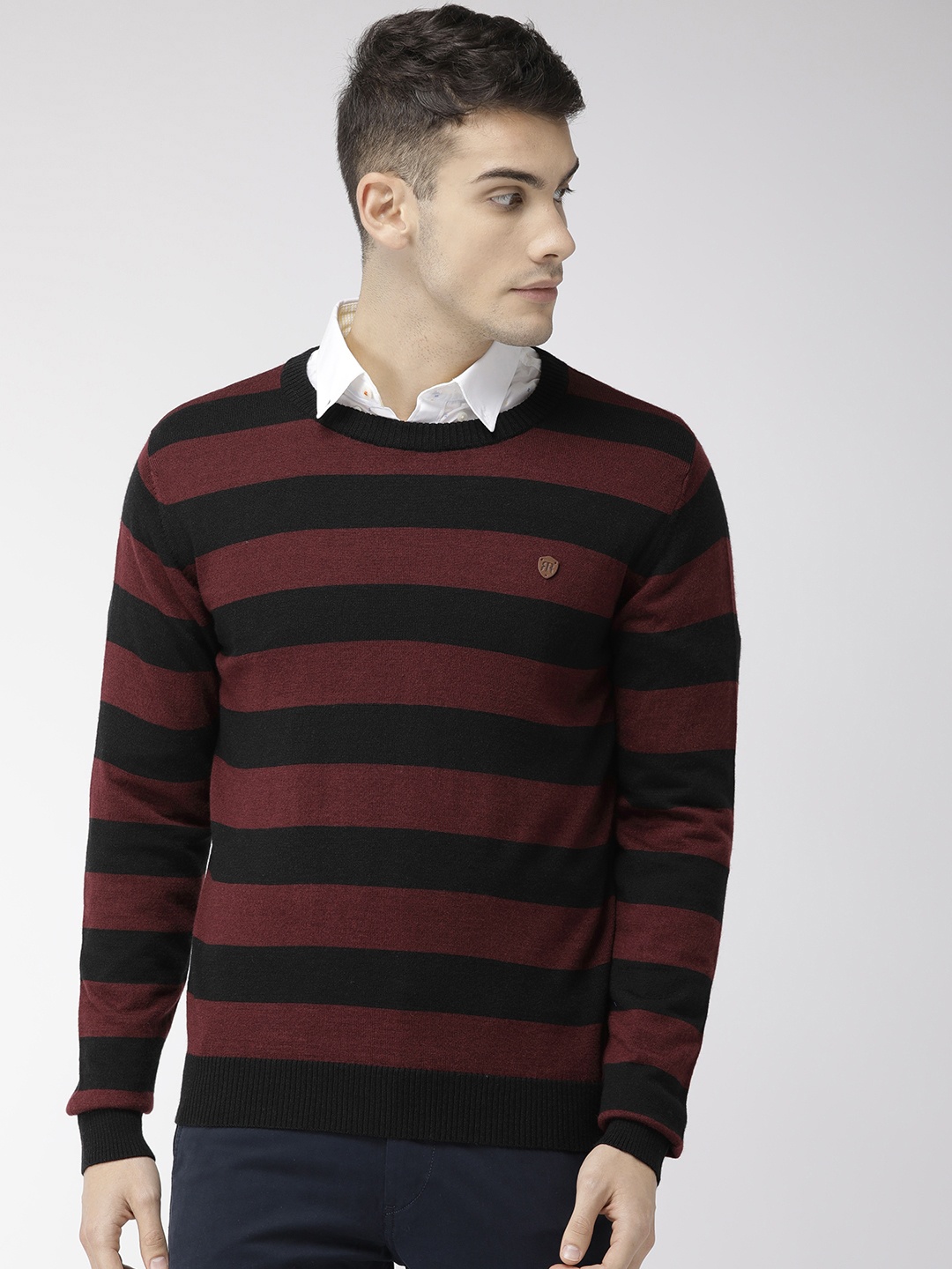 

Raymond Men Maroon & Black Striped Sweater