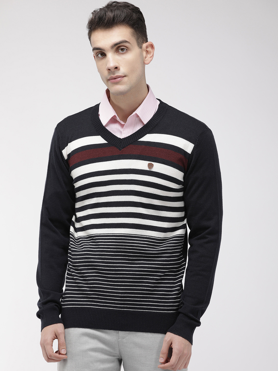 

Raymond Men Navy Blue & White Striped V-Neck Pullover Sweater