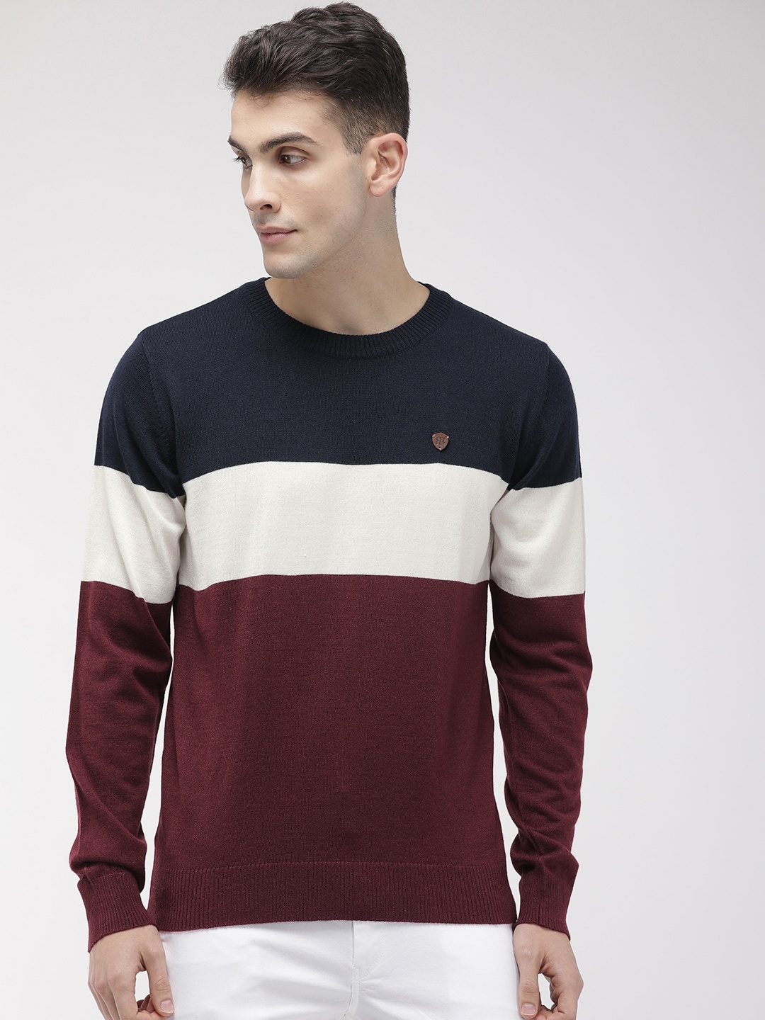 

Raymond Men Blue & Maroon Colourblocked Pullover Sweater