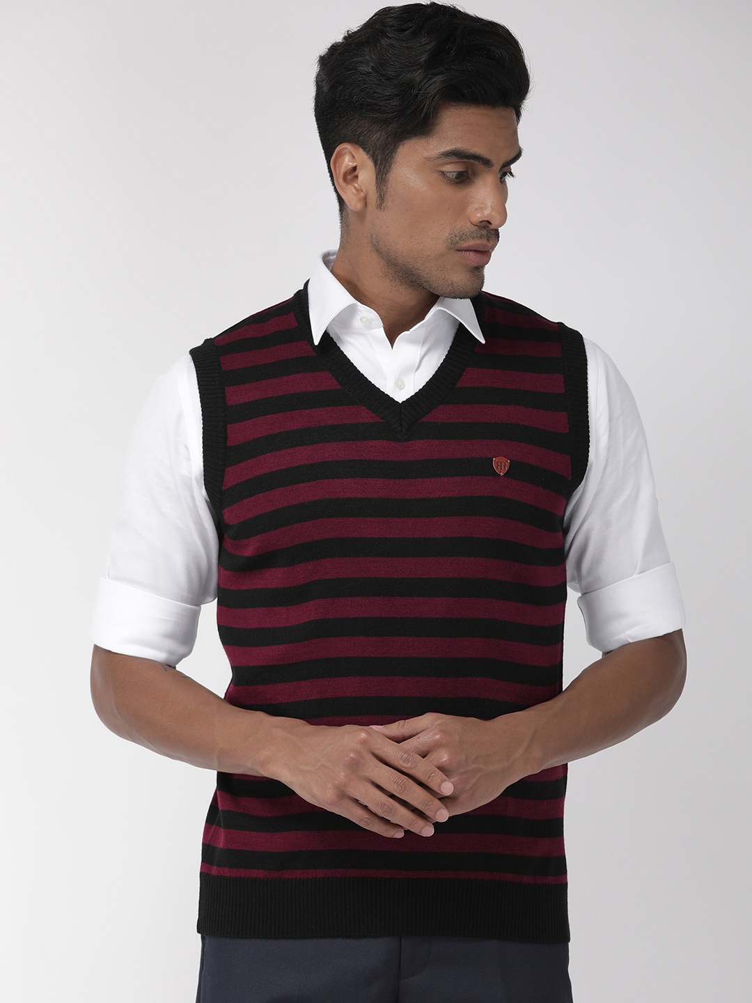 

Raymond Men Maroon & Black Striped Pullover Sweater