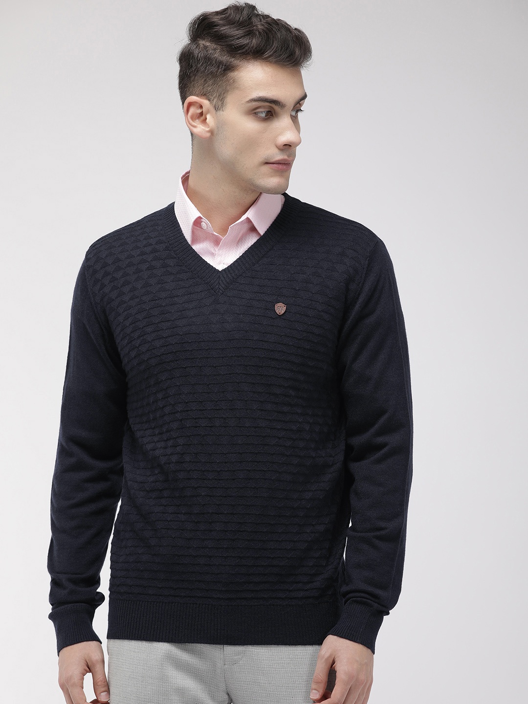 

Raymond Men Navy Blue Self Design V-Neck Pullover Sweater