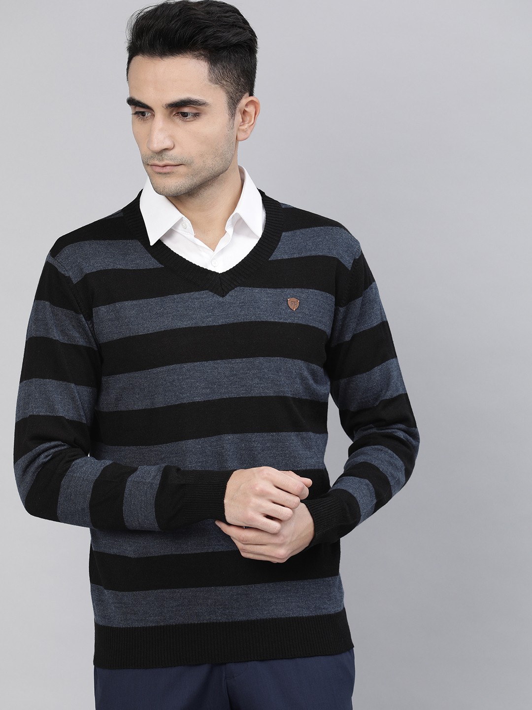 

Raymond Men Black & Blue Striped Pullover Sweater