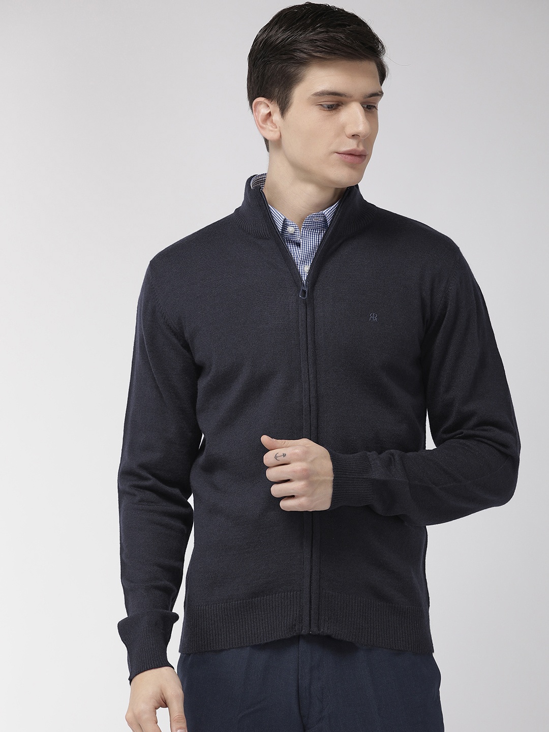 

Raymond Men Navy Blue Solid Front-Open Sweater