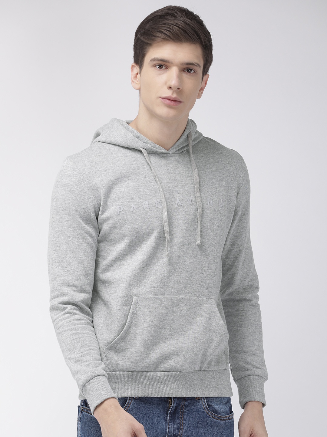 

Park Avenue Men Grey Melange Solid Hooded Sweatshirt With Applique Detailing