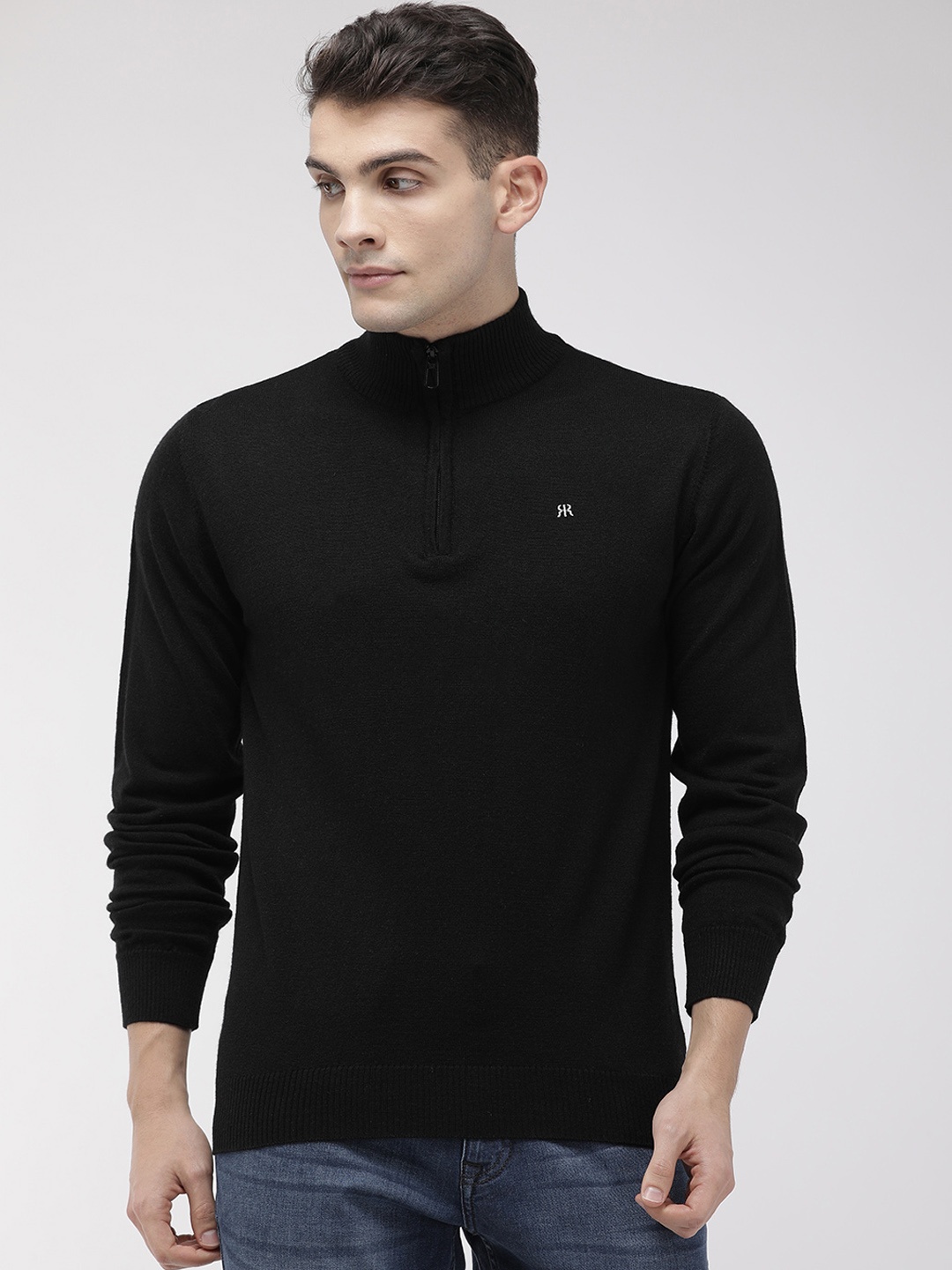 

Raymond Men Black Solid Pullover Sweater With Half Zip Closure