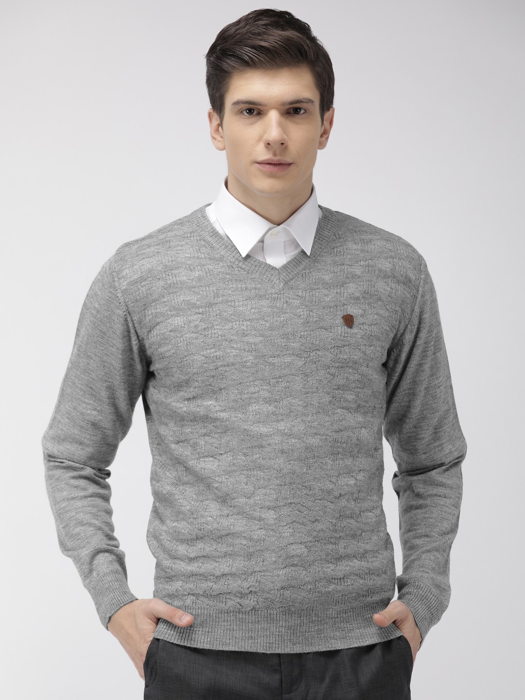 

Raymond Men Grey Self Design Pullover Sweater