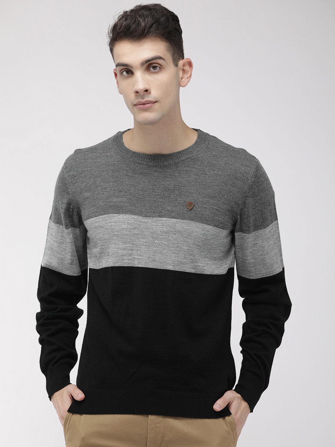 

Raymond Men Grey & Black Colourblocked Pullover Sweater