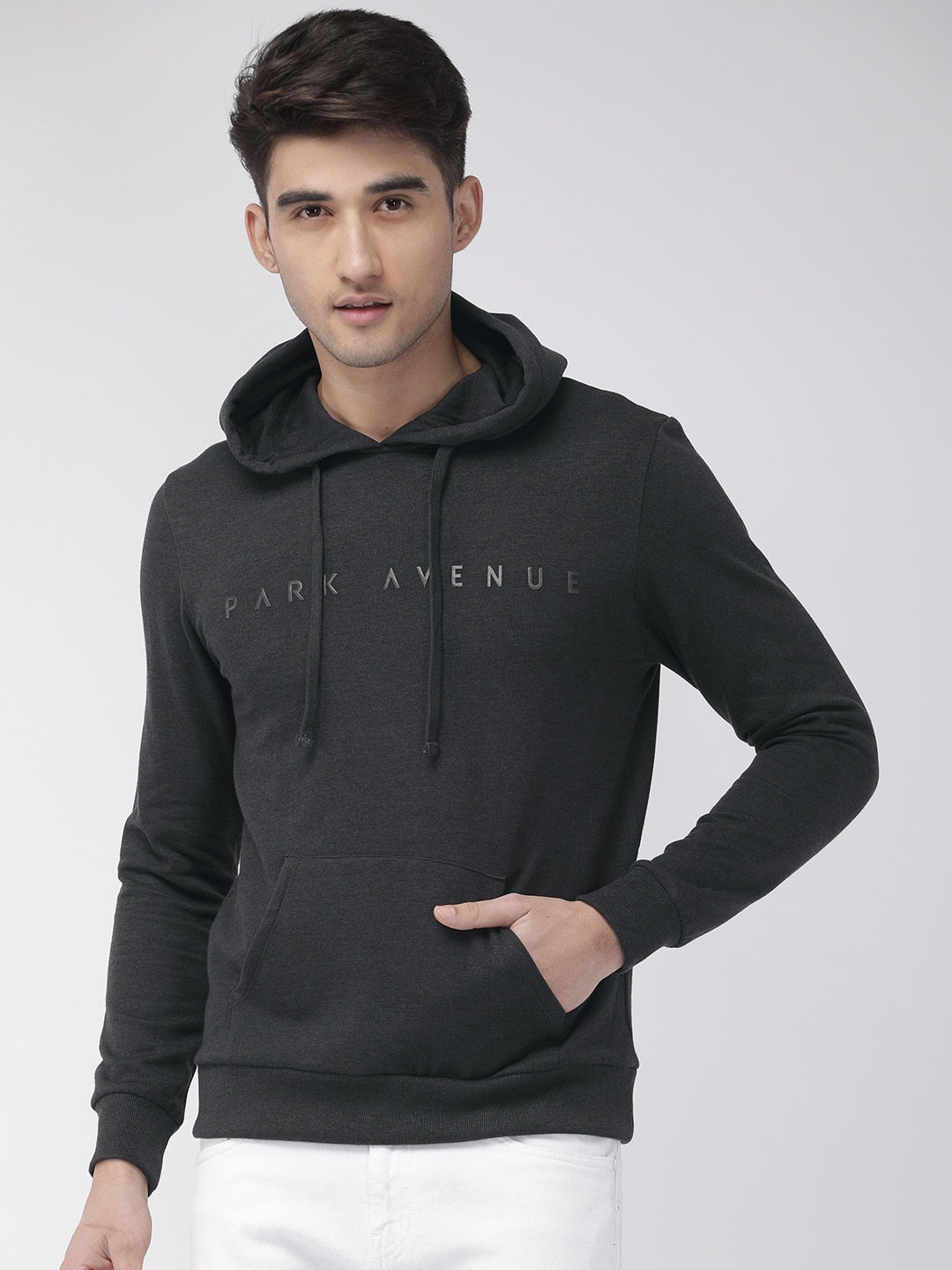 

Park Avenue Men Charcoal Grey Solid Hooded Sweatshirt With Applique Detailing