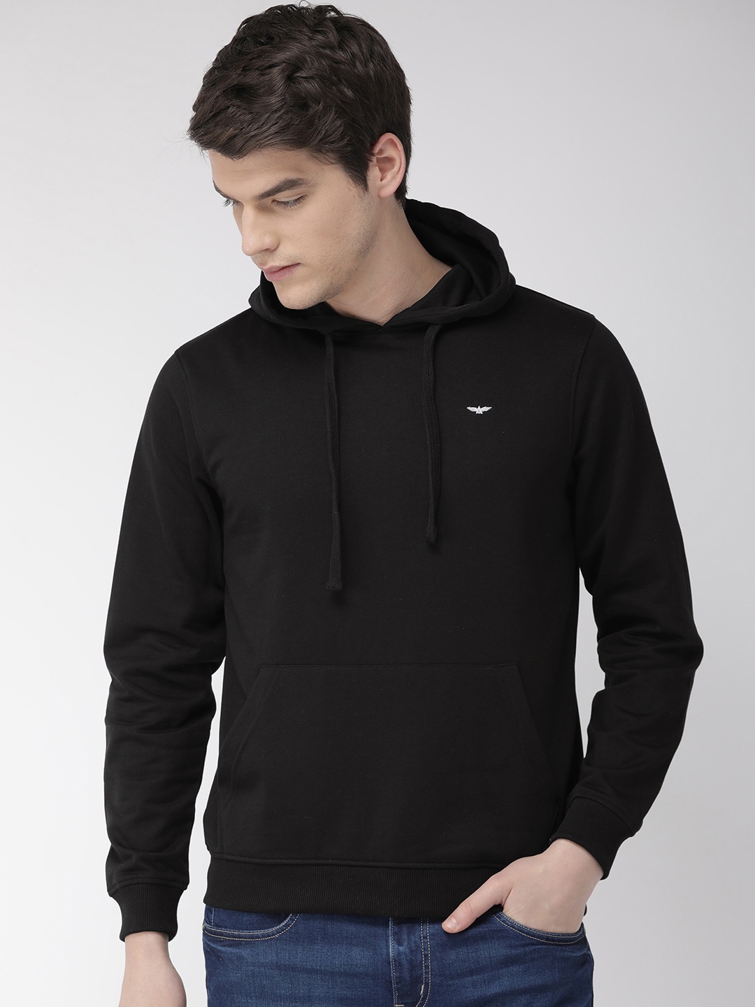 

Park Avenue Men Black Solid Hooded Pullover Sweatshirt