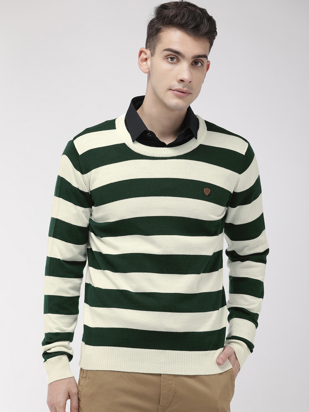 

Raymond Men Green & Off-White Striped Round Neck Pullover Sweater