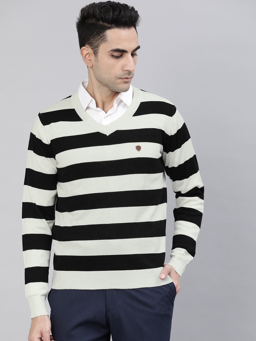 

Raymond Men Black & Off-white Striped Pullover Sweater