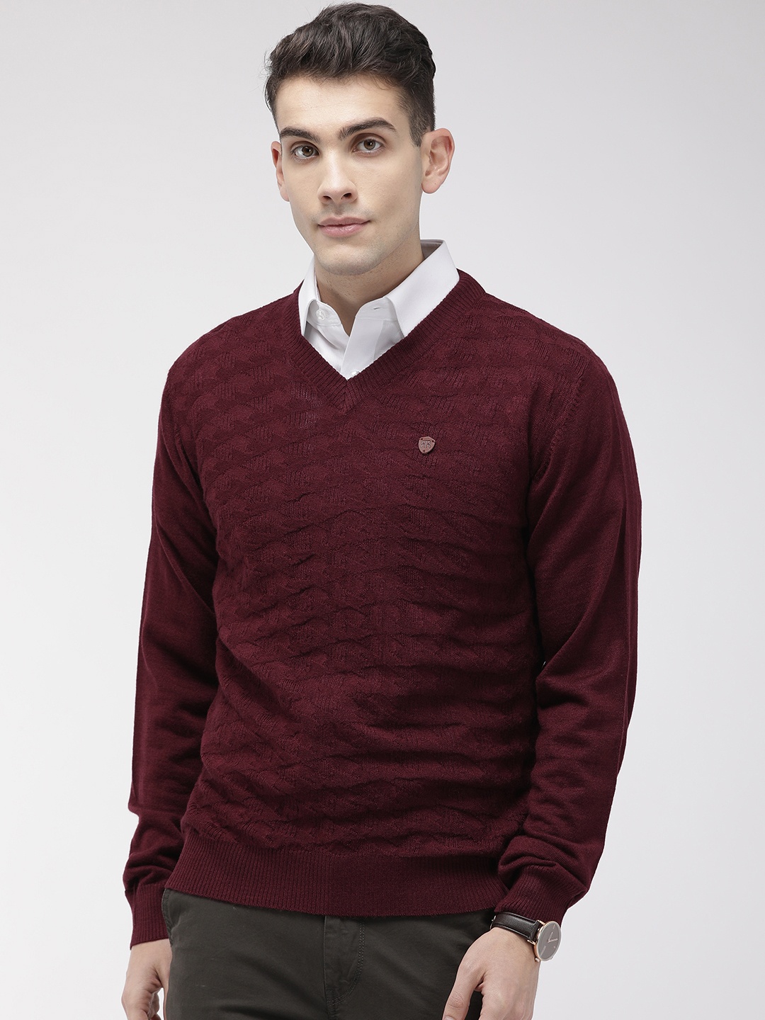 

Raymond Men Maroon Self Design Pullover Sweater