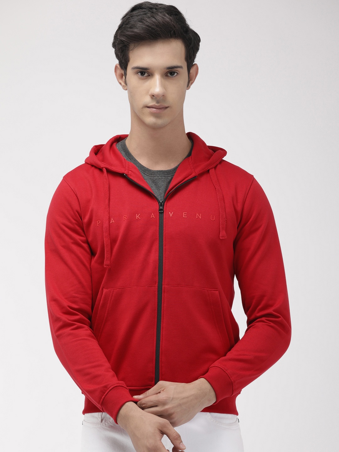 

Park Avenue Men Red Solid Slim Fit Hooded Sweatshirt