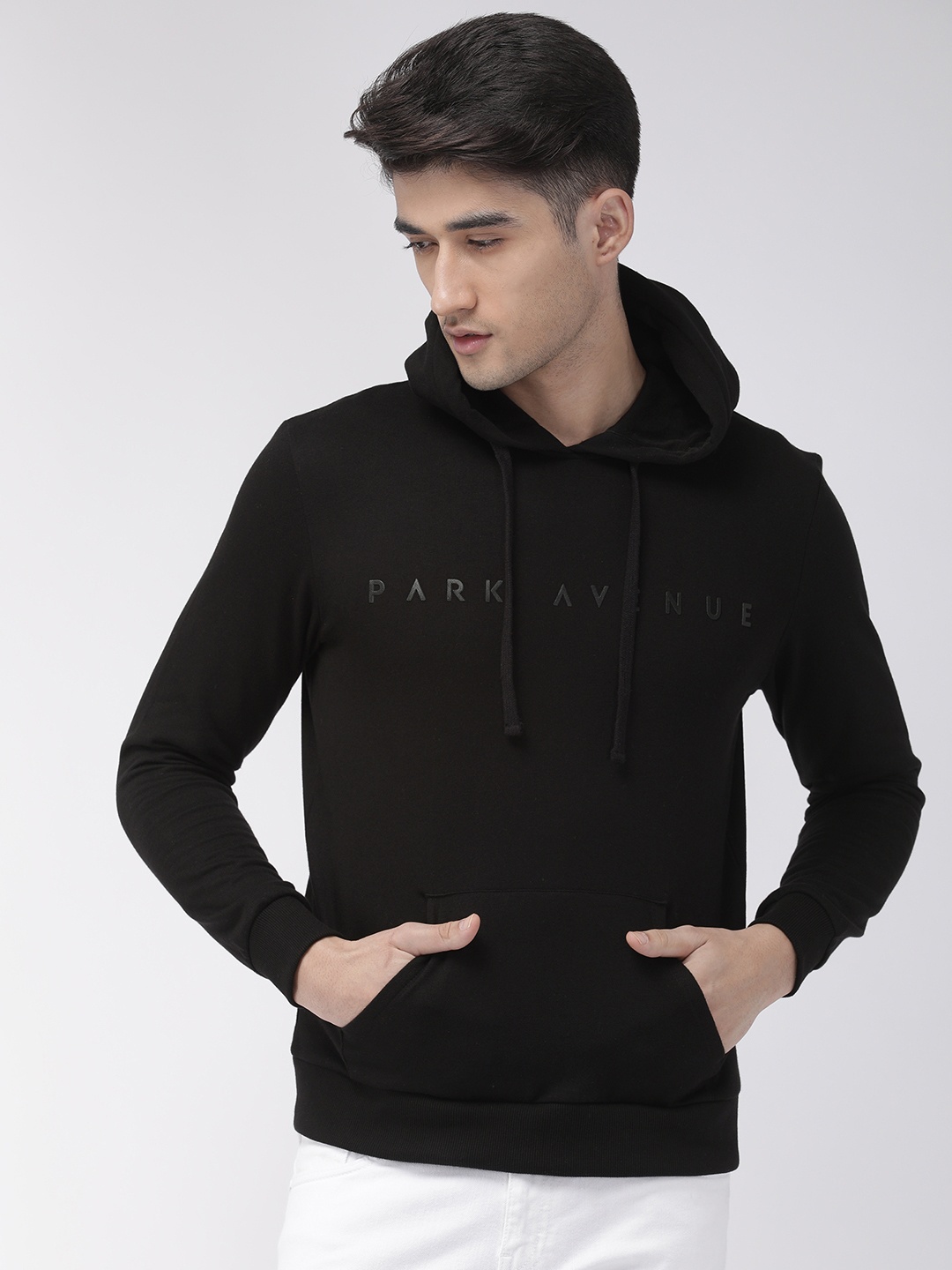 

Park Avenue Men Black Solid Hooded Sweatshirt With Applique Detailing