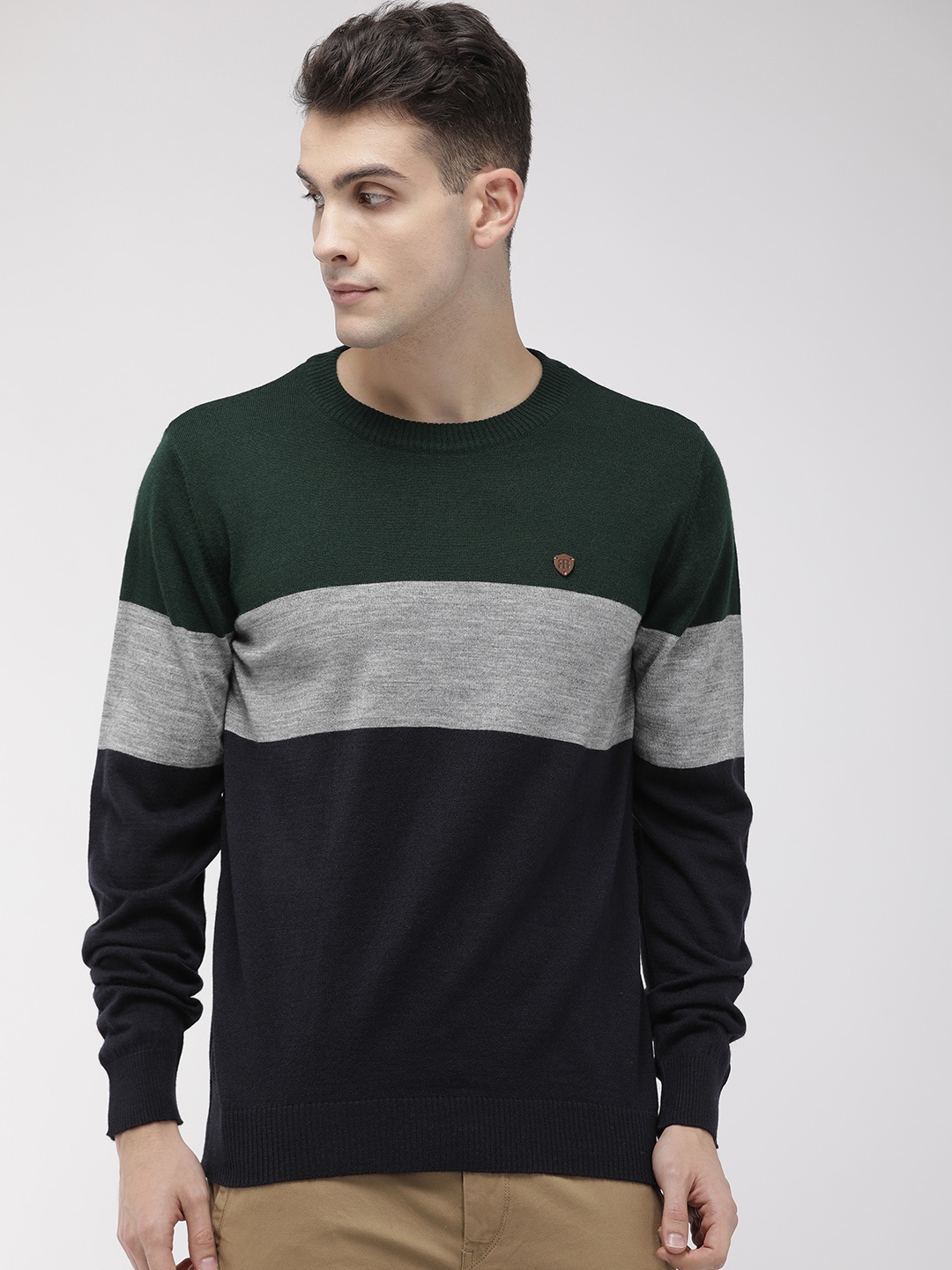 

Raymond Men Green & Navy Blue Colourblocked Round Neck Pullover Sweater