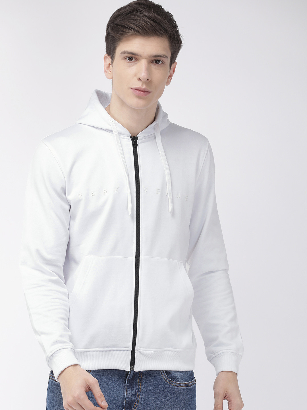 

Park Avenue Men White Solid Hooded Sweatshirt With Applique Detailing