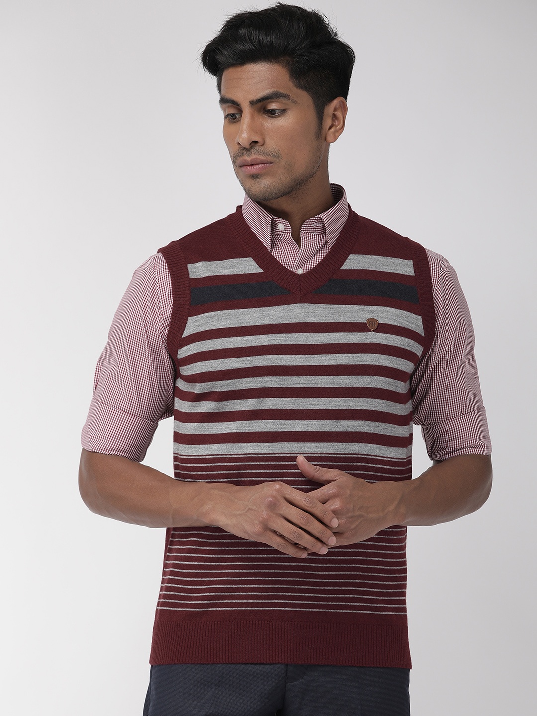 

Raymond Men Maroon & Grey Striped Pullover Sweater