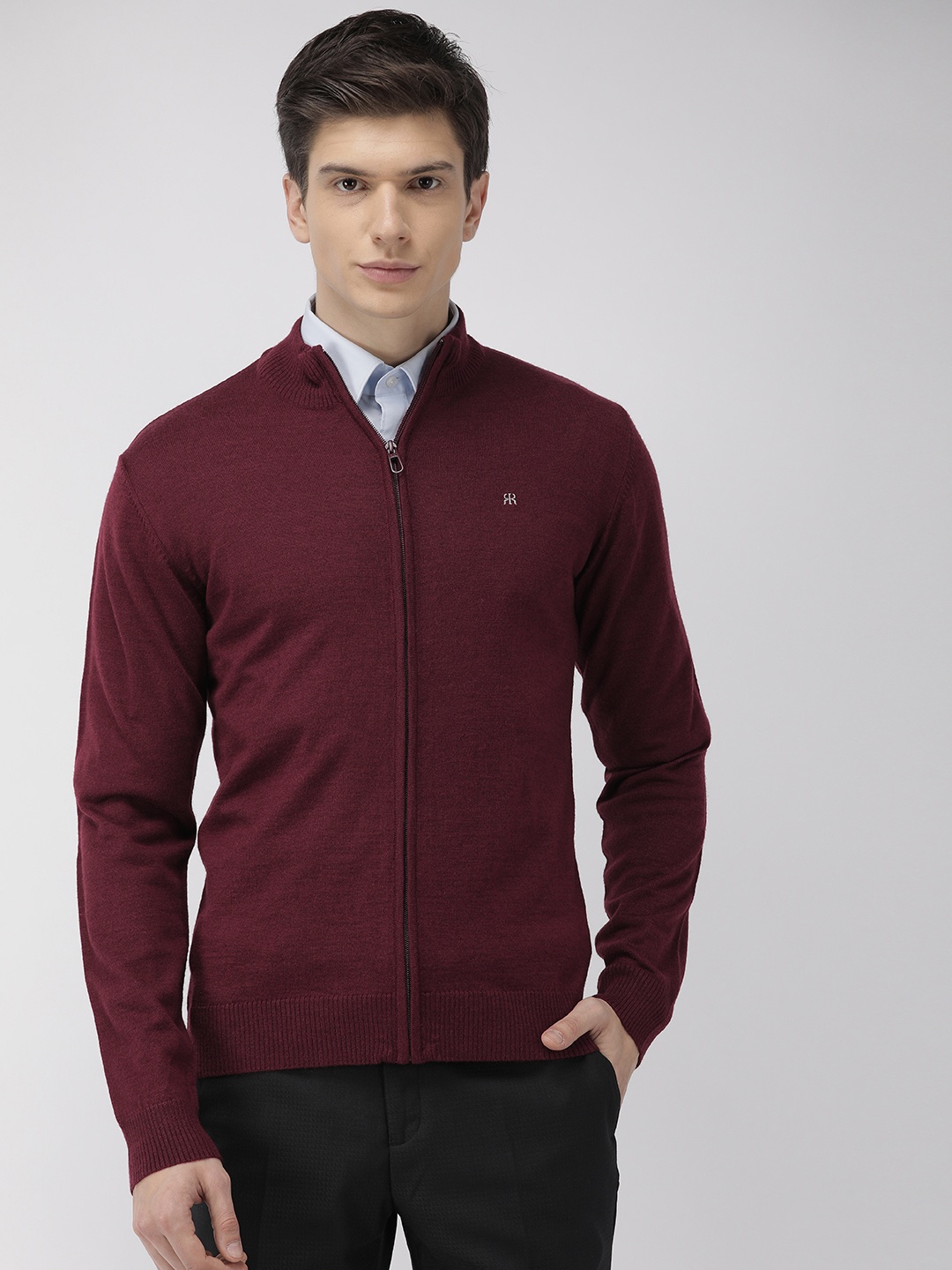 

Raymond Men Maroon Solid Cardigan Sweater
