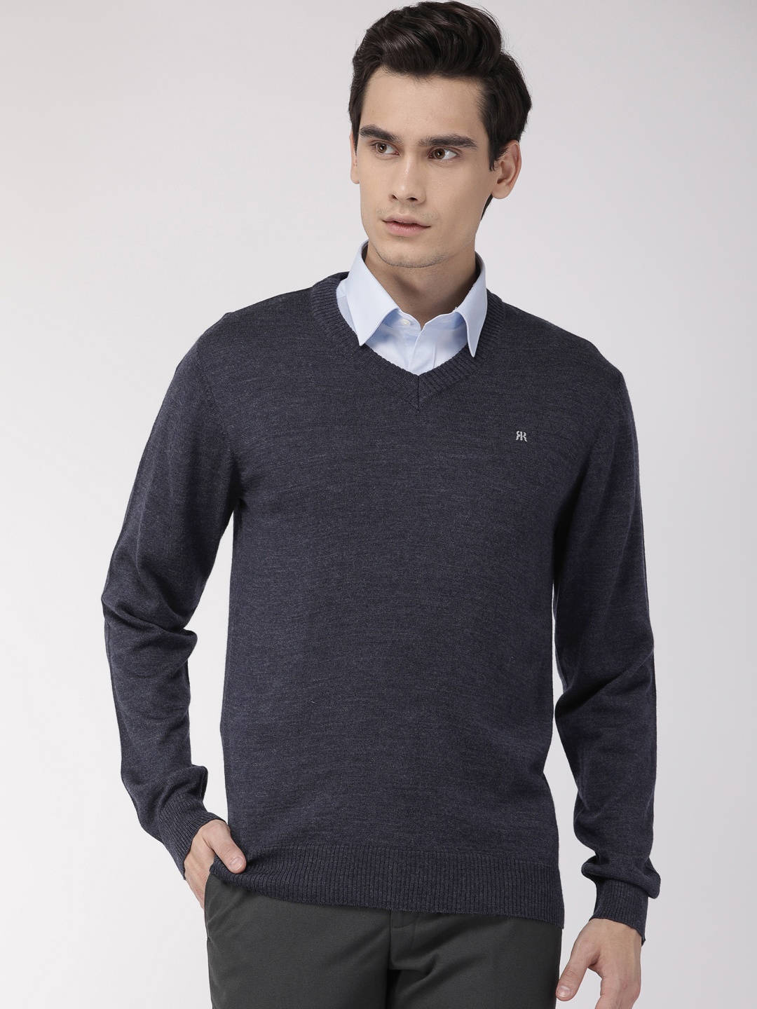 

Raymond Men Navy Blue Solid Pullover Sweater