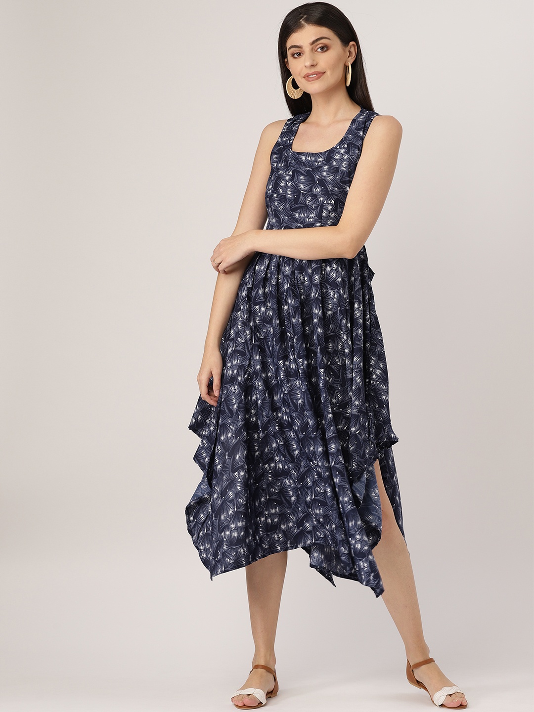 

MBE Women Navy Blue & White Printed Midi Fit & Flare Dress