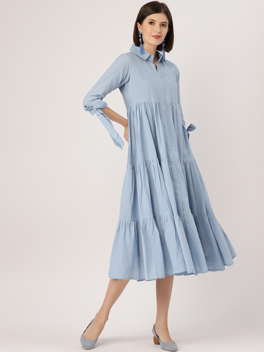 

MBE Women Blue Solid Midi Shirt Dress