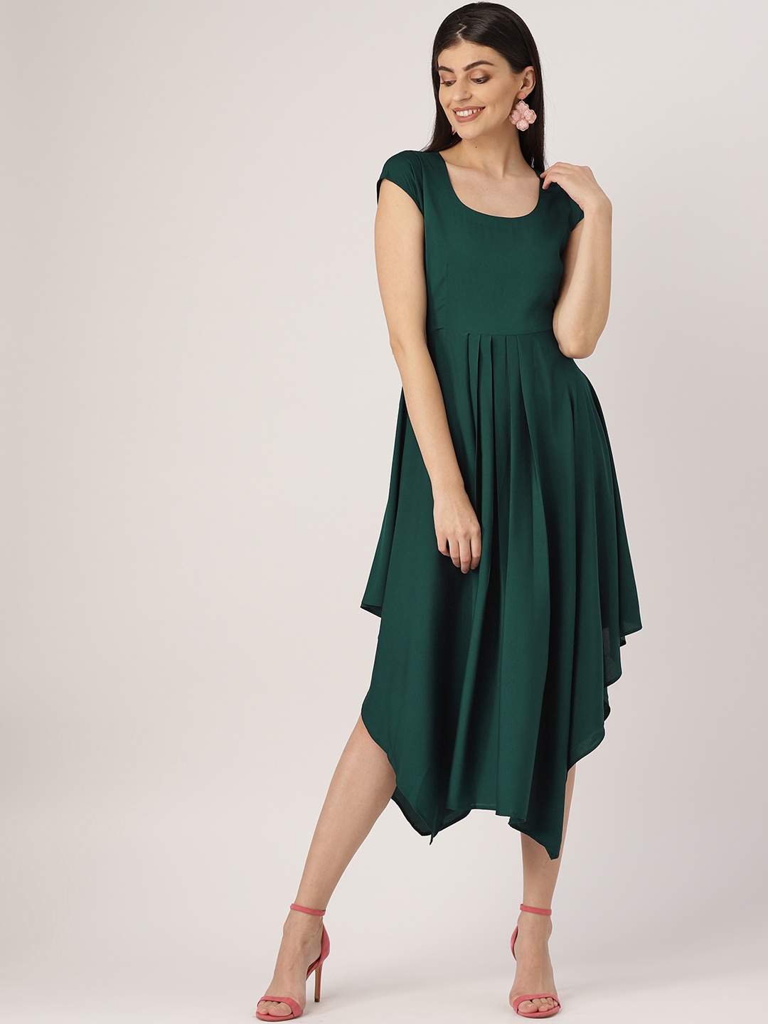 

MBE Women Green Solid Midi Fit & Flare Dress