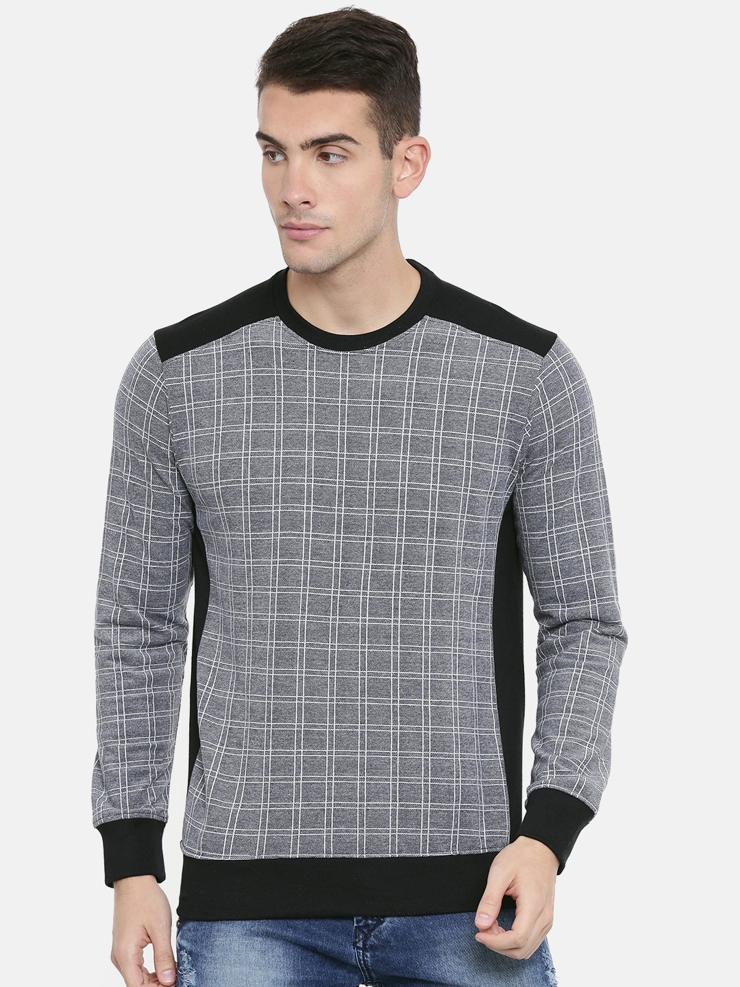 

ARISE Men Grey & Navy Blue Checked Sweatshirt