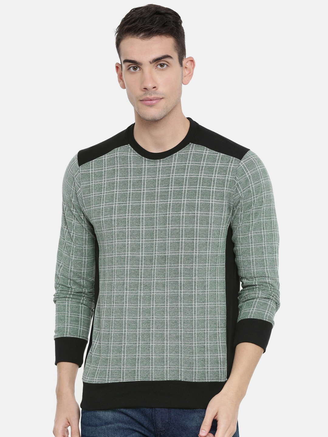 

ARISE Men Olive Green & Grey Self Checked Pullover Sweatshirt