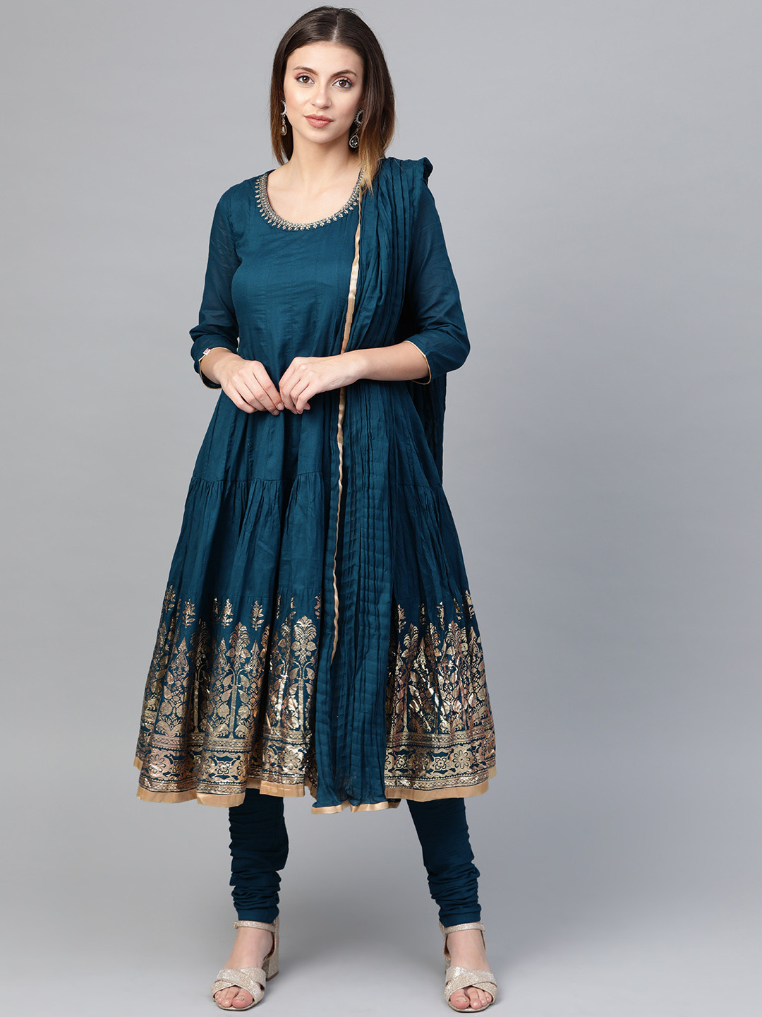 

Biba Women Teal Blue & Golden Printed Detail Crinkled Kurta with Churidar & Dupatta