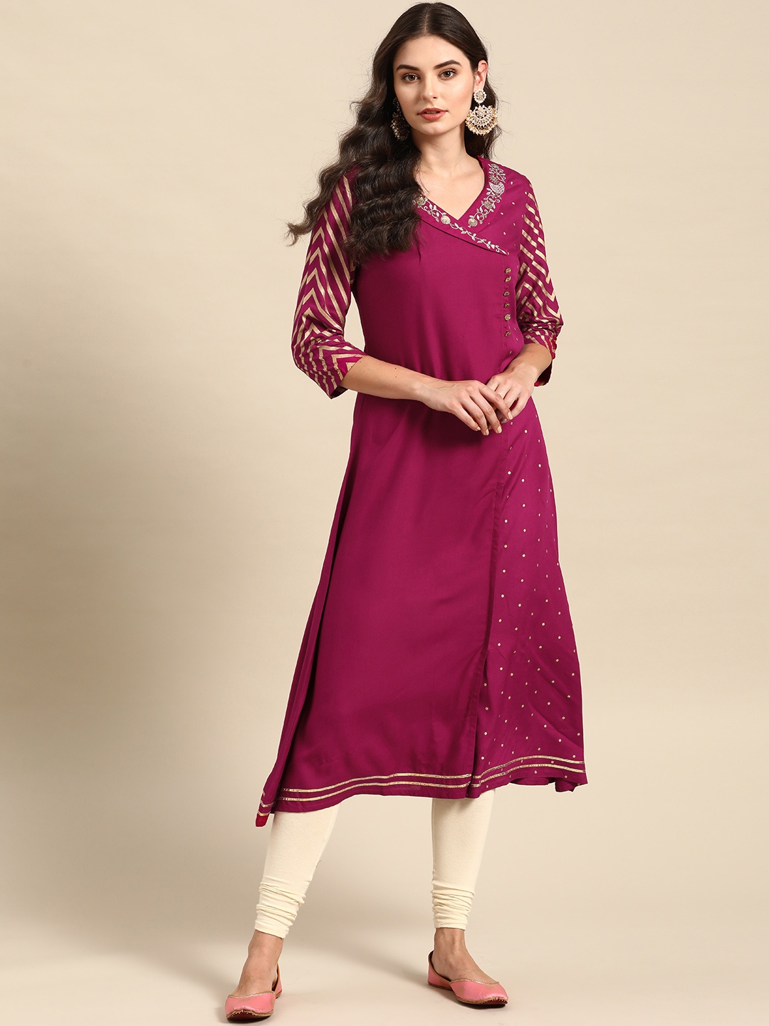 

Varanga Women Magenta Foil Printed Zari Detail A-Line Angrakha Kurta
