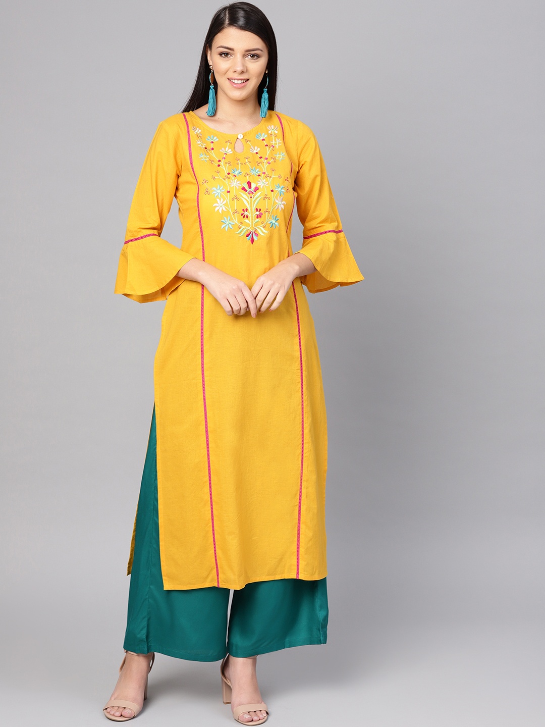 

Varanga Women Mustard Yellow Yoke Design Straight Kurta