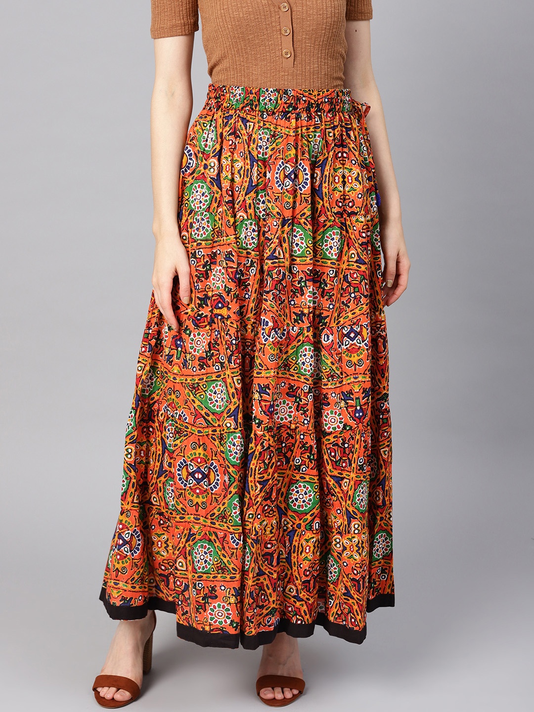 

Varanga Women Orange & Black Phulkari Printed Flared Maxi Skirt