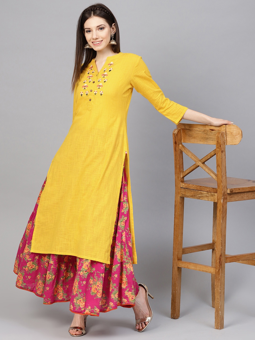 

Varanga Women Yellow & Pink Yoke Design Kurta with Skirt