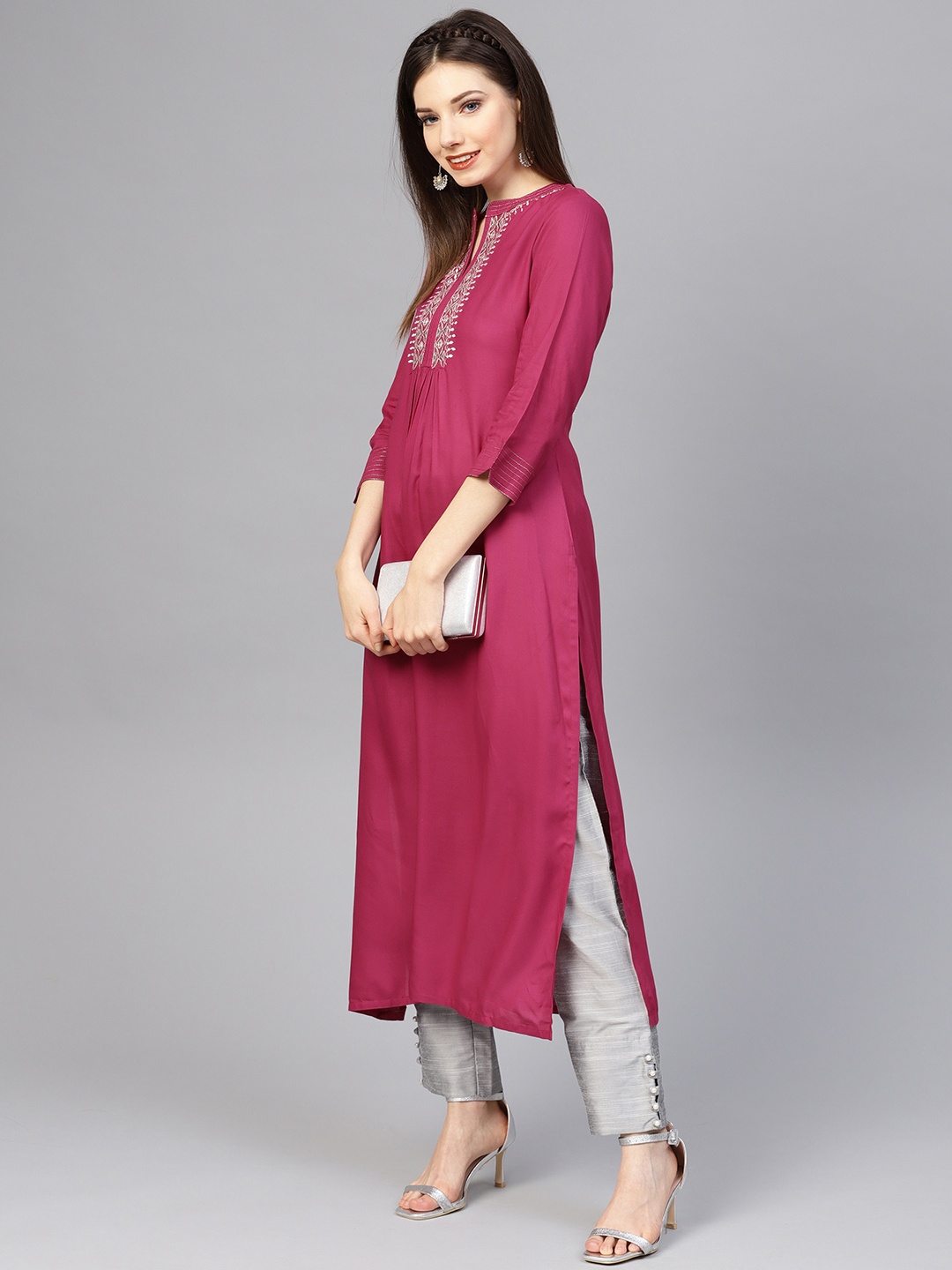 

Varanga Women Pink & Grey Zari Embroidered Yoke Design Kurta with Trousers