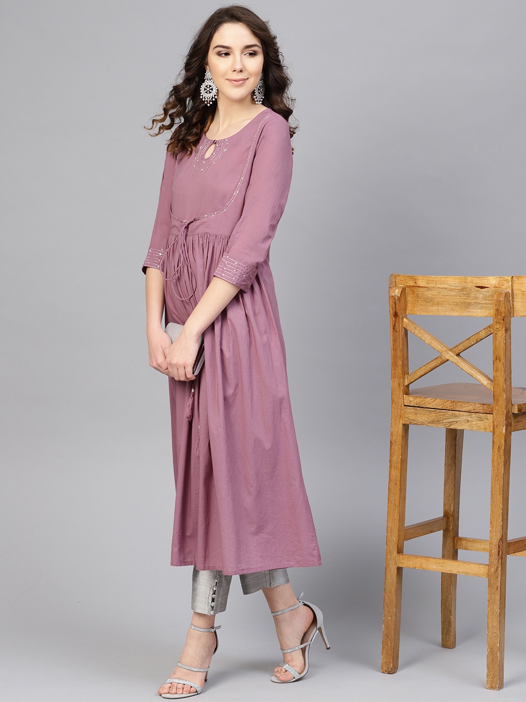 

Varanga Women Mauve & Grey Yoke Design Kurta with Trousers